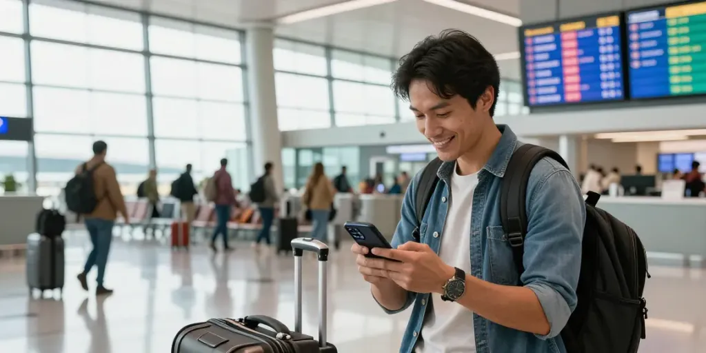 נסיעה עם eSIM לחו"ל בשדה תעופה, נוסע בודק את השימוש בסים האלקטרוני בטלפון שלו
