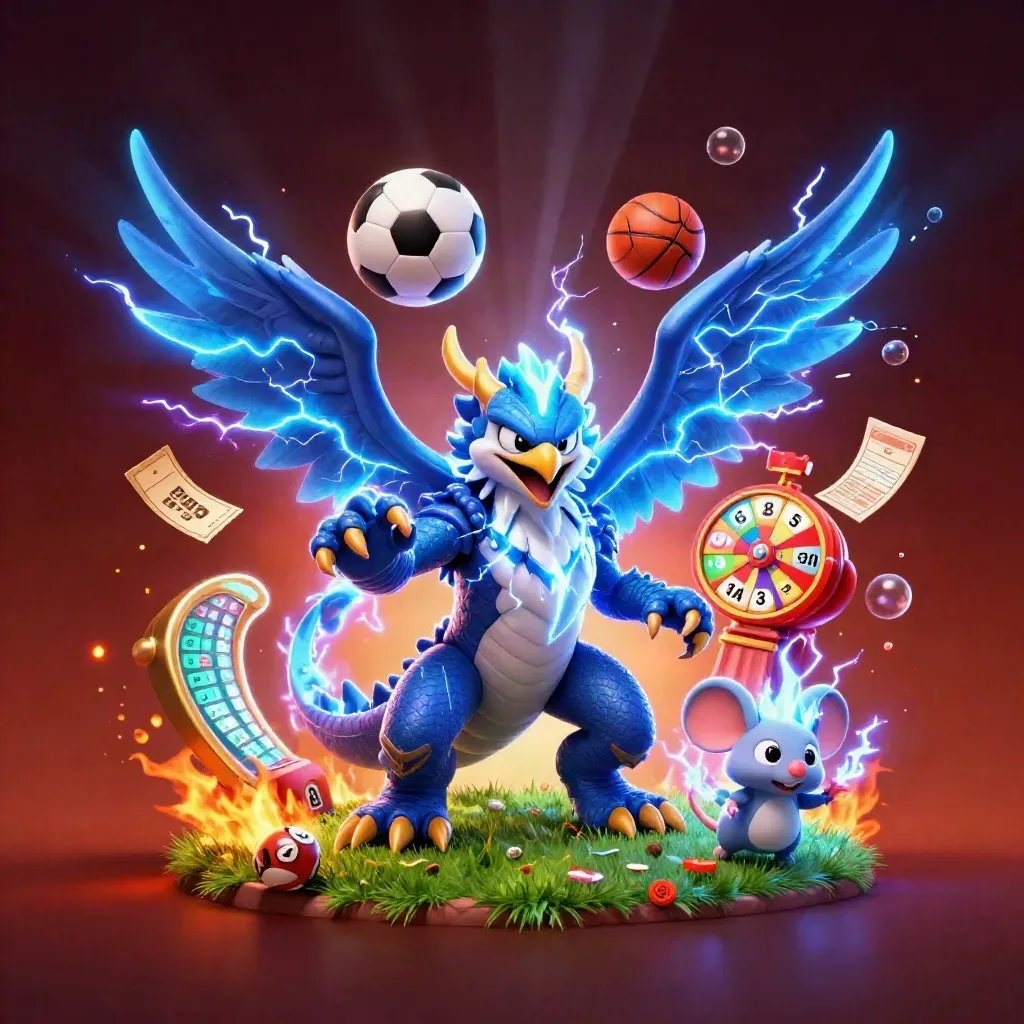 Thunder dragon, hawk and mouse amid sports balls, casino tokens, and electric light.