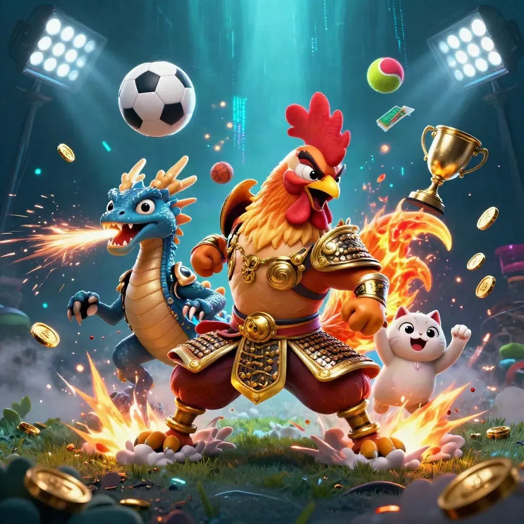 Rooster warrior, dragon hatchling, and fortune cat amid flying balls, coins, and stadium lights.