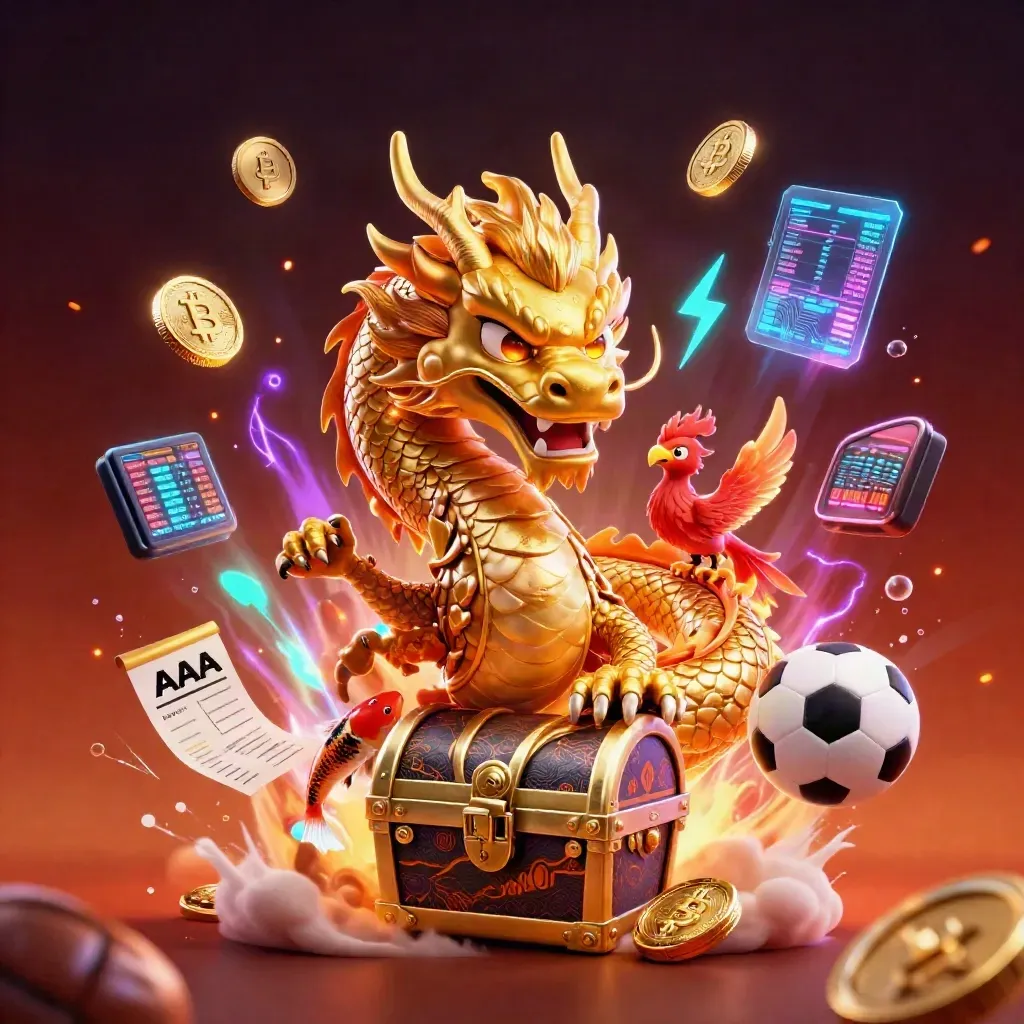 Golden dragon and glowing casino assets erupt around sports balls in a neon-fintech fantasy scene.