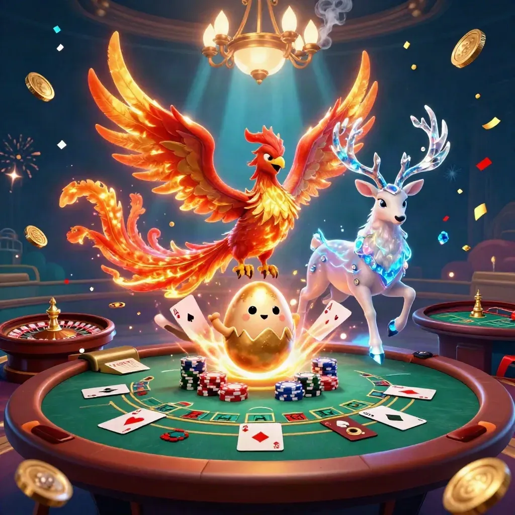 Phoenixes and a crystalline stag over casino tables in a navy-and-blue luxury splash screen.