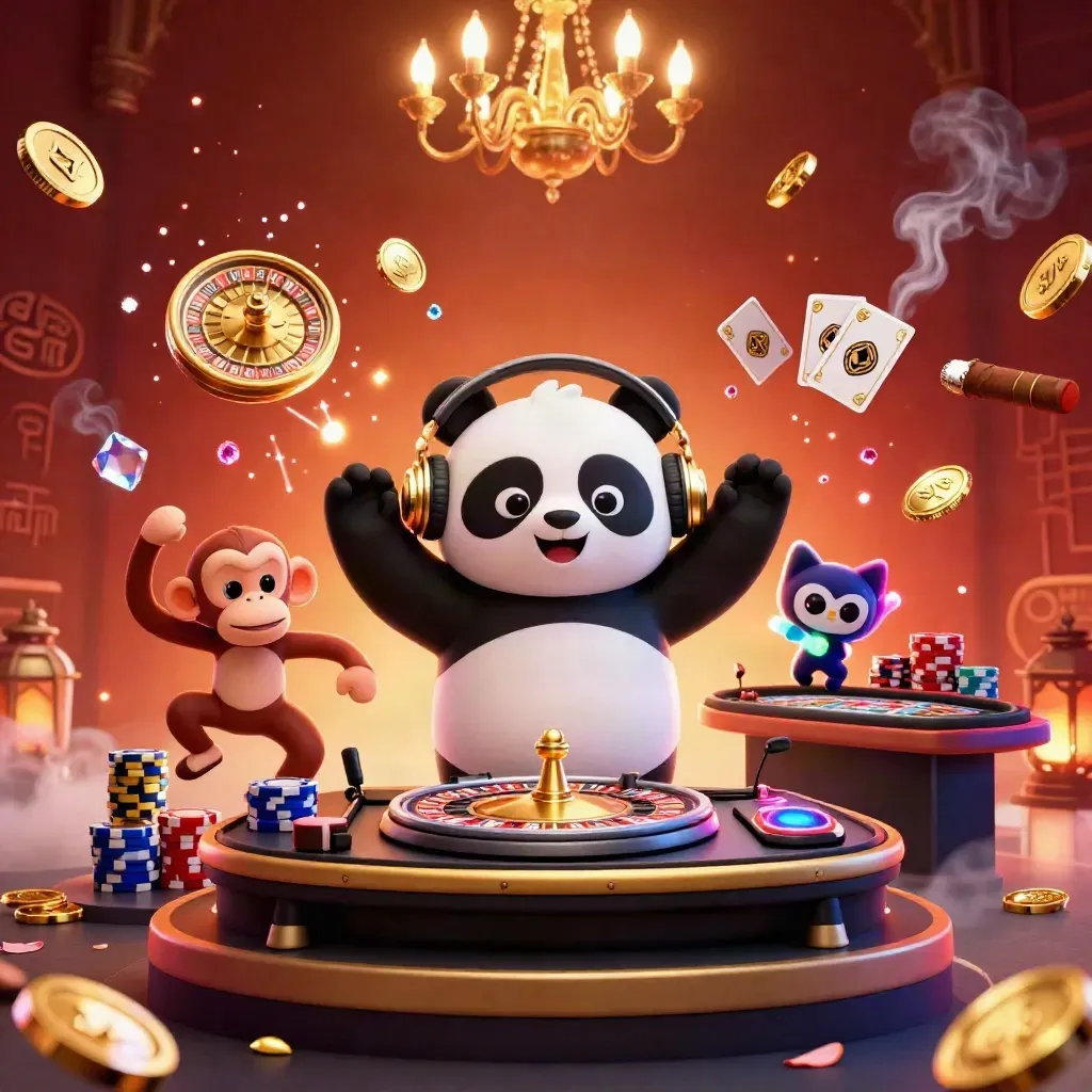 DJ panda, monkey, and glow-stick kitten in a luxe casino with coins, gems, roulette, and chandeliers.
