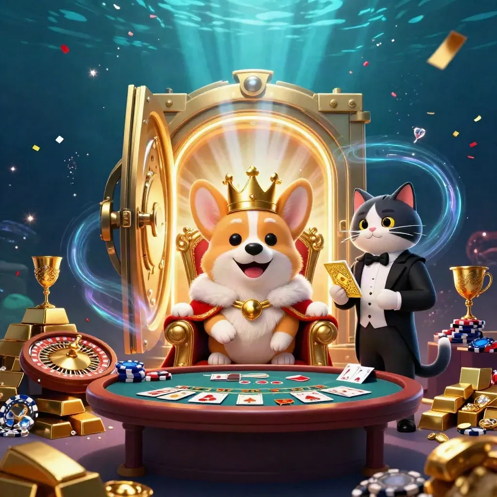 Royal corgi and cat butler amid vault light, gold, gems, and casino glamour in deep blue.