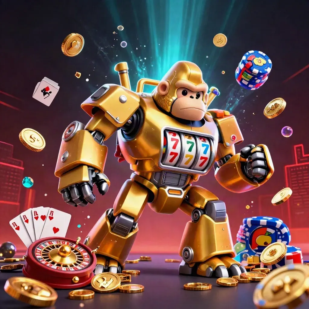 Golden gorilla mech with monkey pilot amid coins, gems, roulette wheel, and neon light