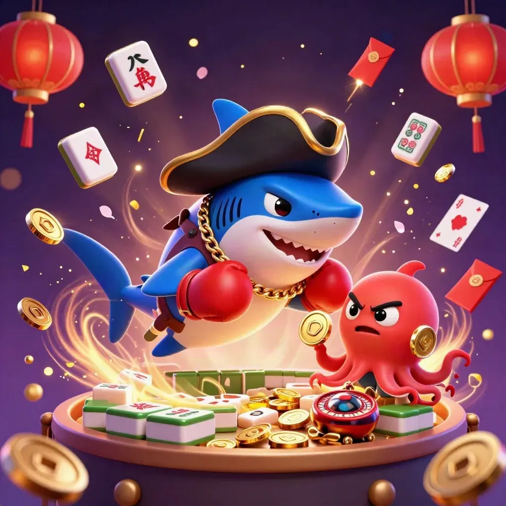 Pirate shark, boxing pufferfish, and octopus amid coins, fireworks, and casino charms