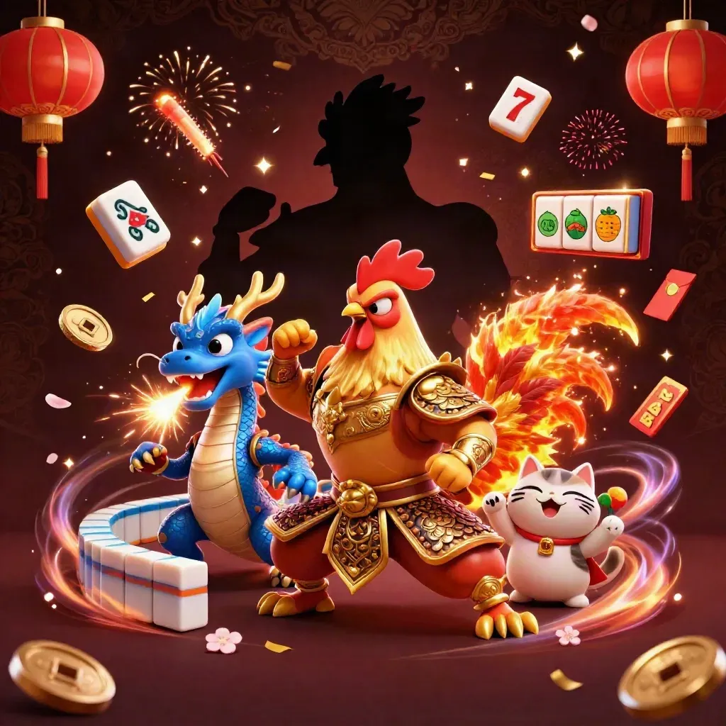 Rooster warrior, dragon hatchling, and fortune-cat amid casino symbols on a dark luxe background.